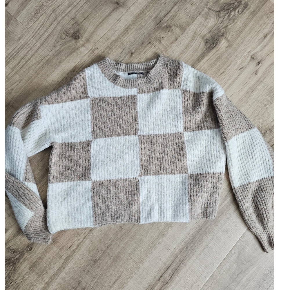 Sweet Lovely by Jen Tan Cream Checkered Knit Sweater Small Pullover Neutral